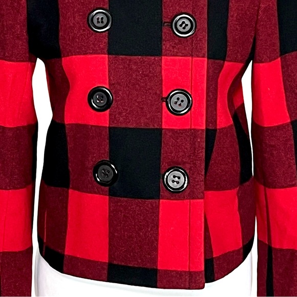 J. Crew Buffalo Red And Black Bold Plaid Wool Double Breasted Pea Coat Size 2 - Picture 6 of 11